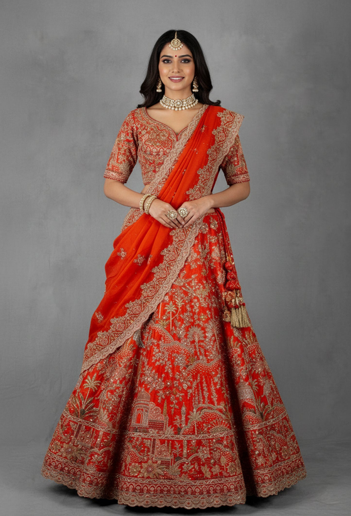 Bright Red Heavy Embroidered Bridal Lehenga Set with Zari & Resham Work | Designer Wedding Wear