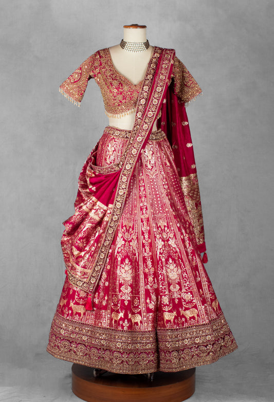 Deep pink heritage zardosi bridal lehenga with ornate dupatta – product image 2