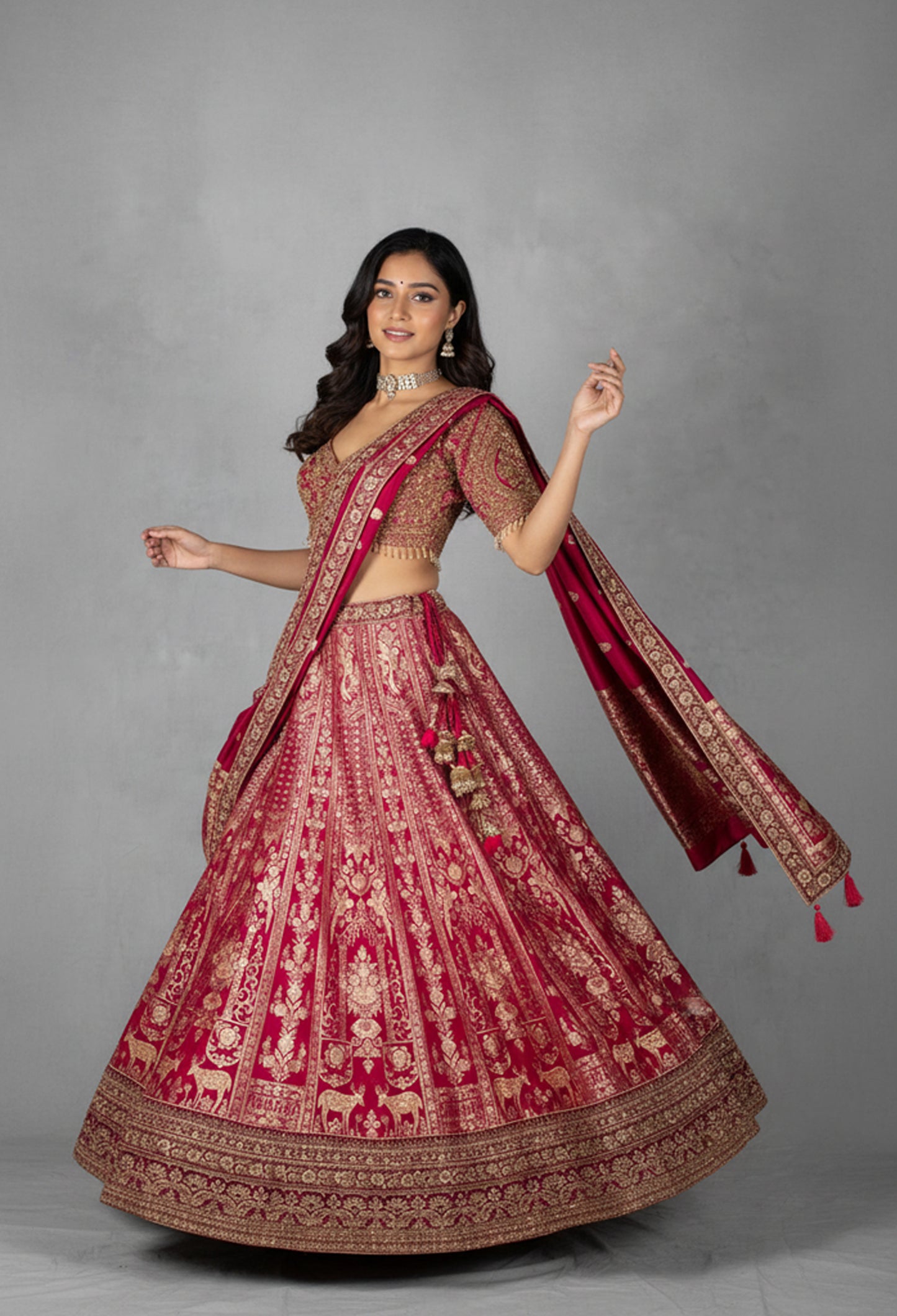Deep Pink Heritage Zardosi Bridal Lehenga Set with Heavy Hand Embroidery