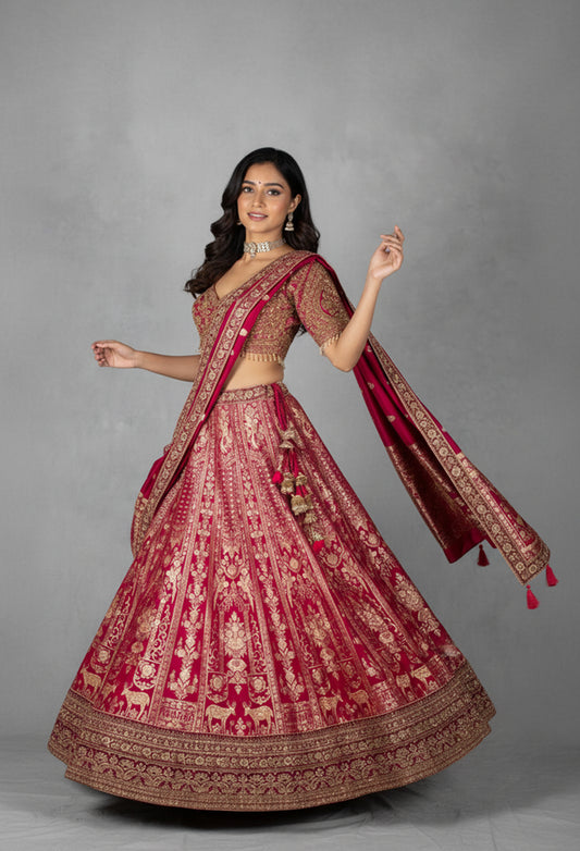 Deep Pink Heritage Zardosi Bridal Lehenga Set with Heavy Hand Embroidery