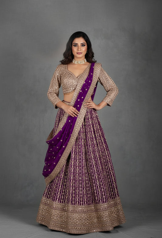 Purple Heavy Mirror & Zari Embroidered Lehenga Set with Designer Blouse