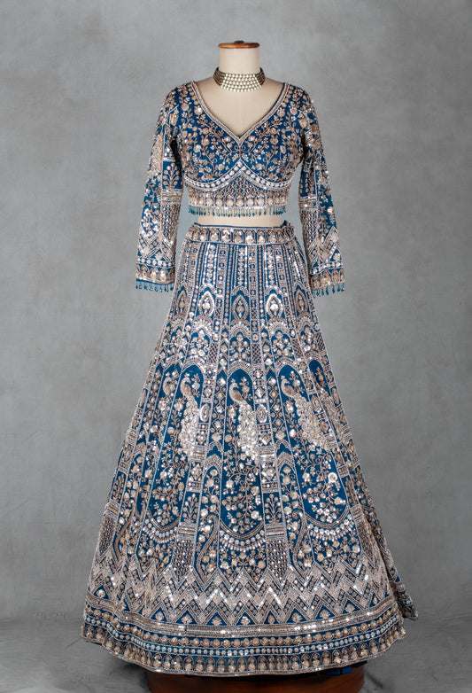 Royal teal blue heavy embroidered bridal lehenga – product image 2