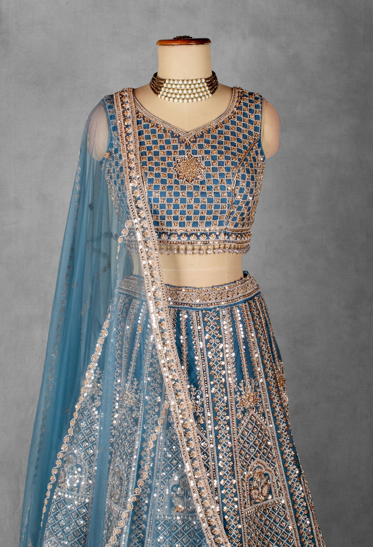 Powder Blue Heavy Embroidered Bridal Lehenga Set with Mirror Work Blouse & Net Dupatta | Designer Wedding Wear