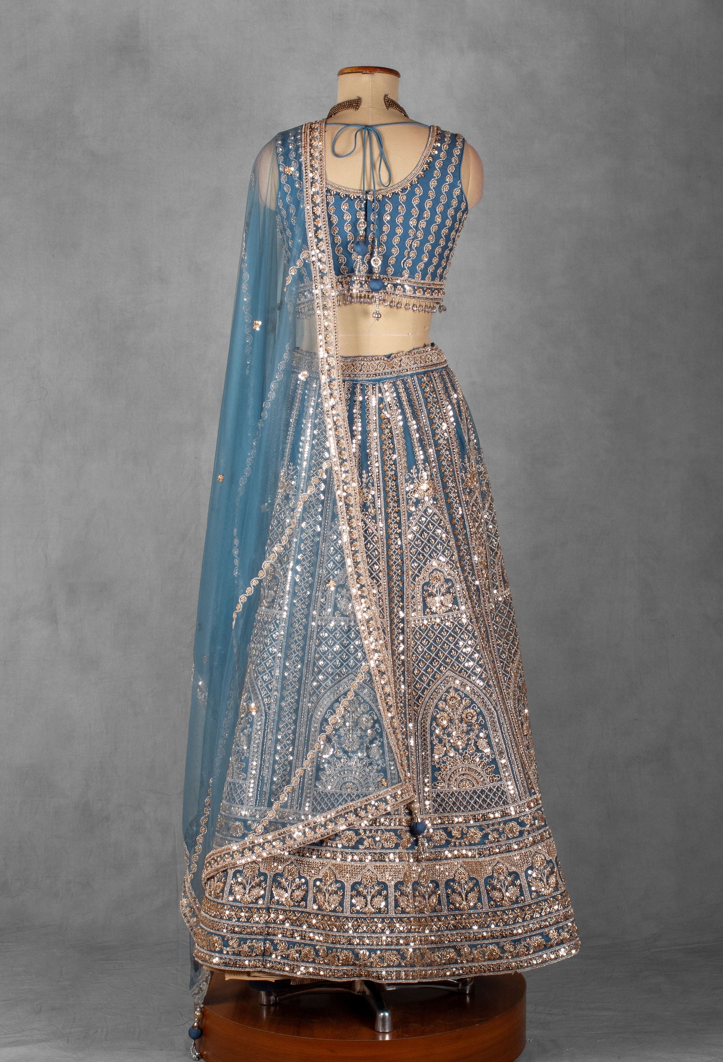 Powder Blue Heavy Embroidered Bridal Lehenga Set with Mirror Work Blouse & Net Dupatta | Designer Wedding Wear