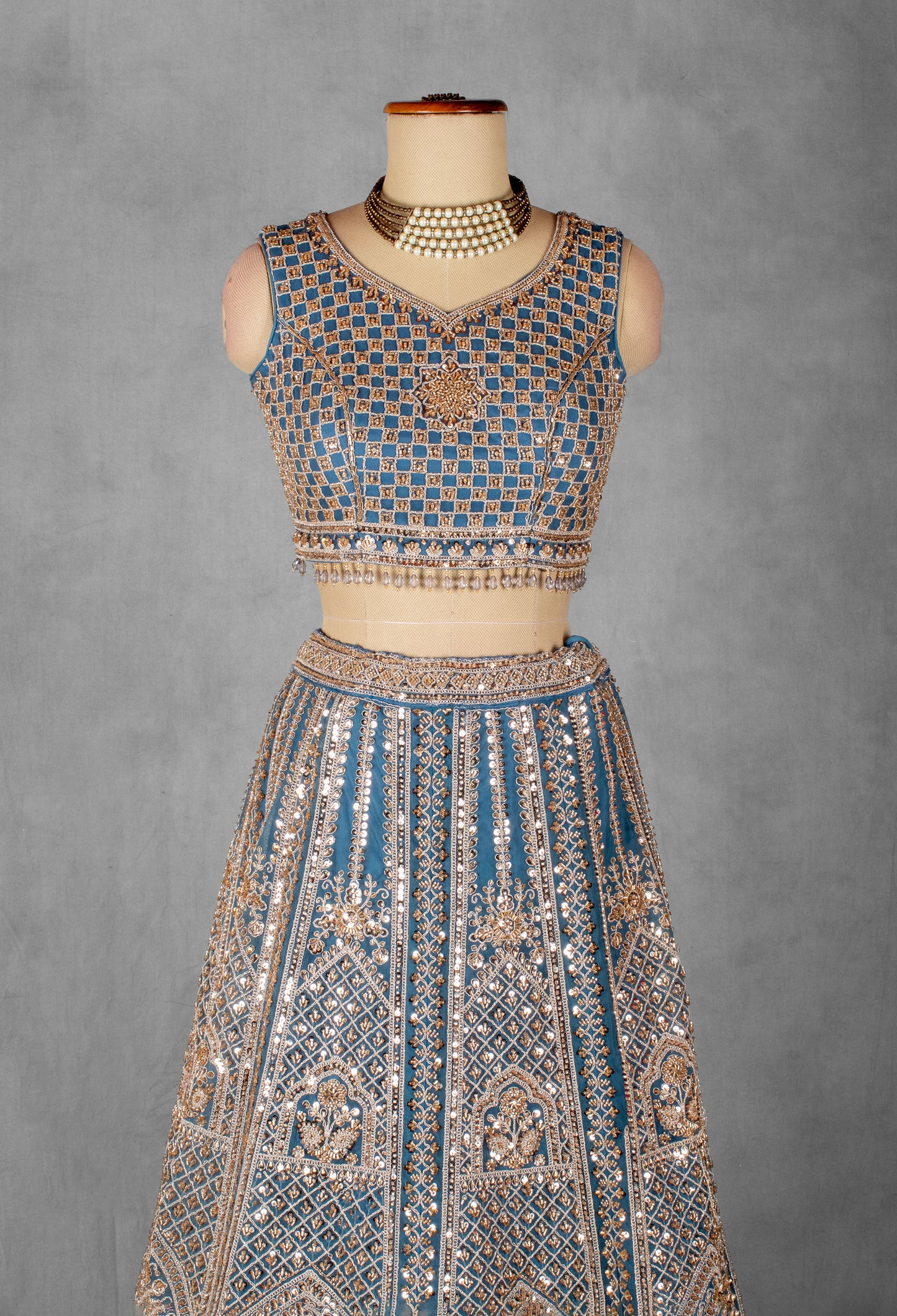 Powder Blue Heavy Embroidered Bridal Lehenga Set with Mirror Work Blouse & Net Dupatta | Designer Wedding Wear