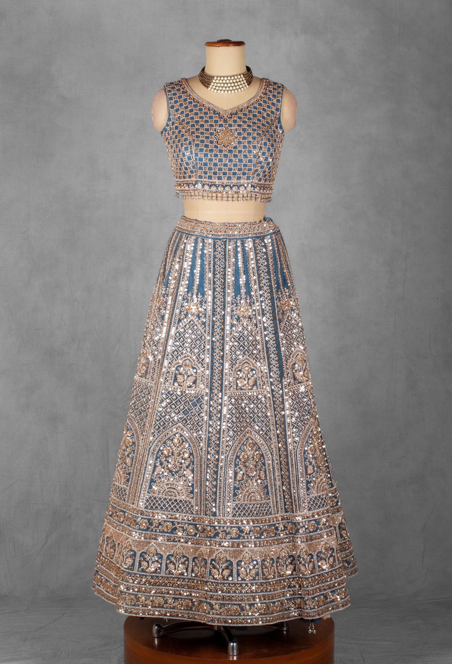 Powder Blue Heavy Embroidered Bridal Lehenga Set with Mirror Work Blouse & Net Dupatta | Designer Wedding Wear