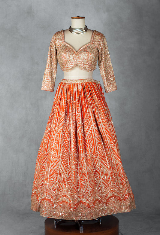 Orange heavy sequin and zari embroidered lehenga set – product image 2