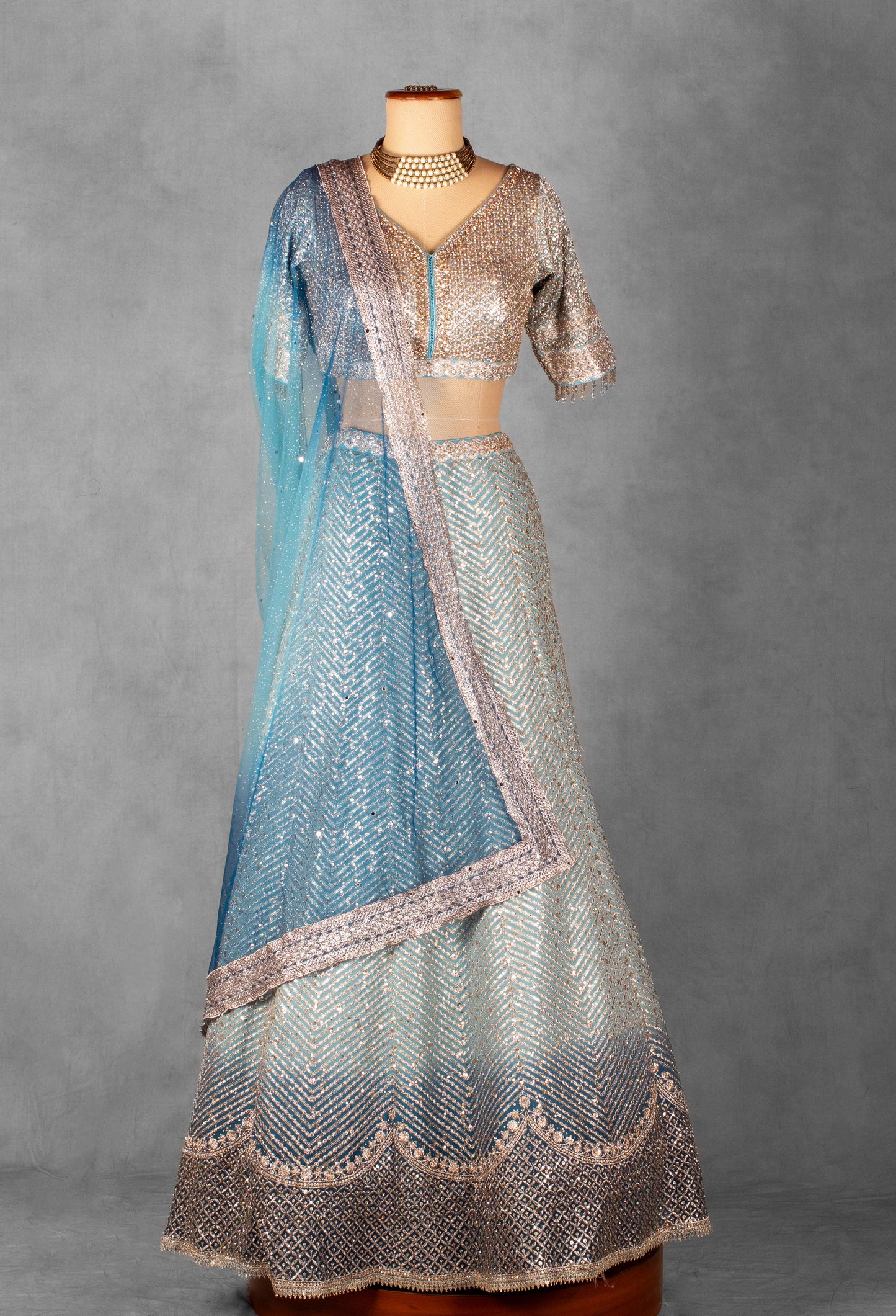 Ice Blue Sequin & Thread Embroidered Lehenga Set with Designer Blouse and Net Dupatta