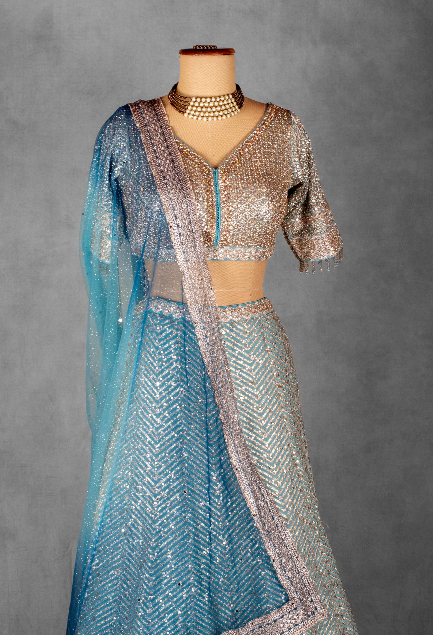 Ice Blue Sequin & Thread Embroidered Lehenga Set with Designer Blouse and Net Dupatta