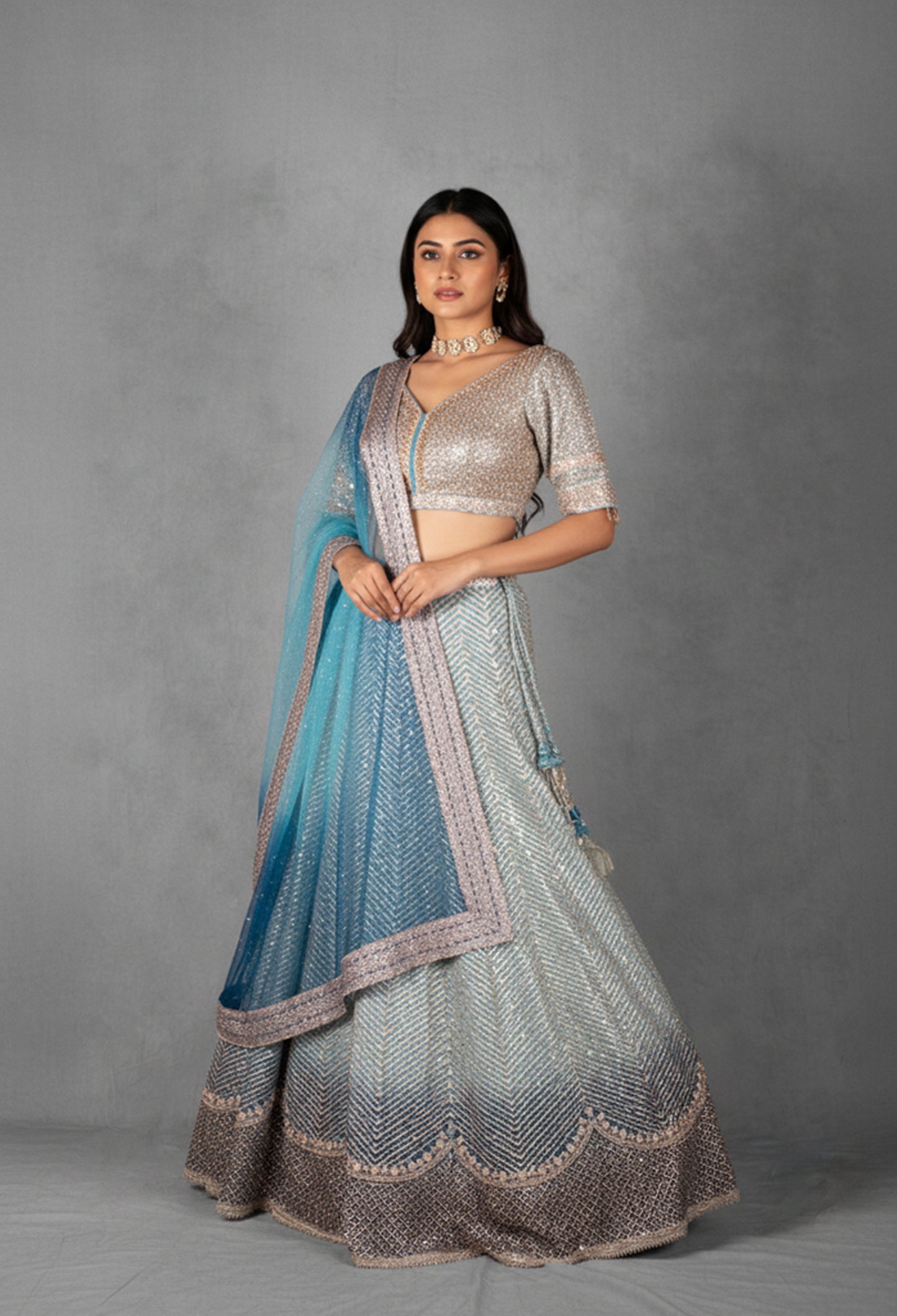 Ice Blue Sequin & Thread Embroidered Lehenga Set with Designer Blouse and Net Dupatta