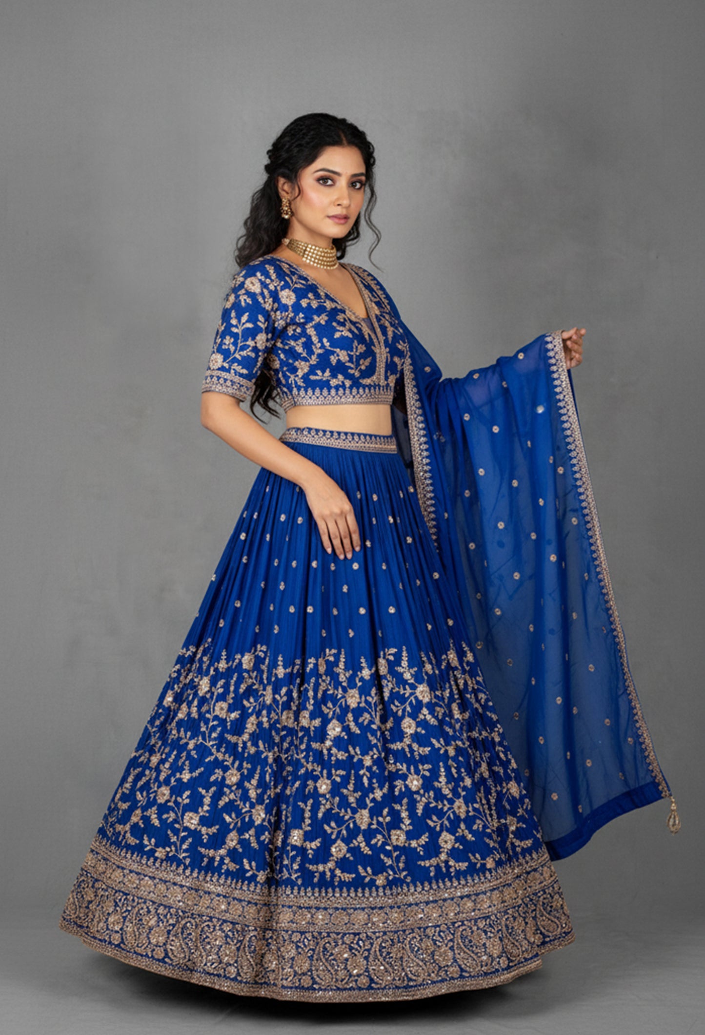 Royal Blue Heavy Embroidered Lehenga Set with Zari & Sequin Detailing