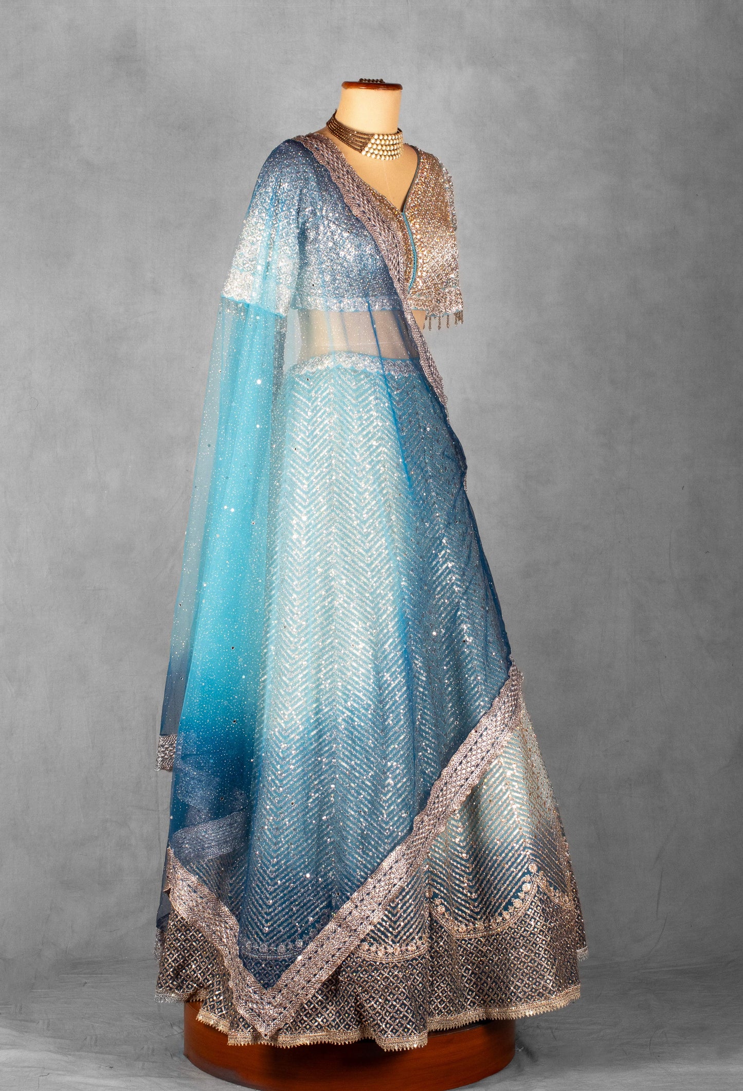 Ice Blue Sequin & Thread Embroidered Lehenga Set with Designer Blouse and Net Dupatta