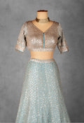 Ice Blue Sequin & Thread Embroidered Lehenga Set with Designer Blouse and Net Dupatta
