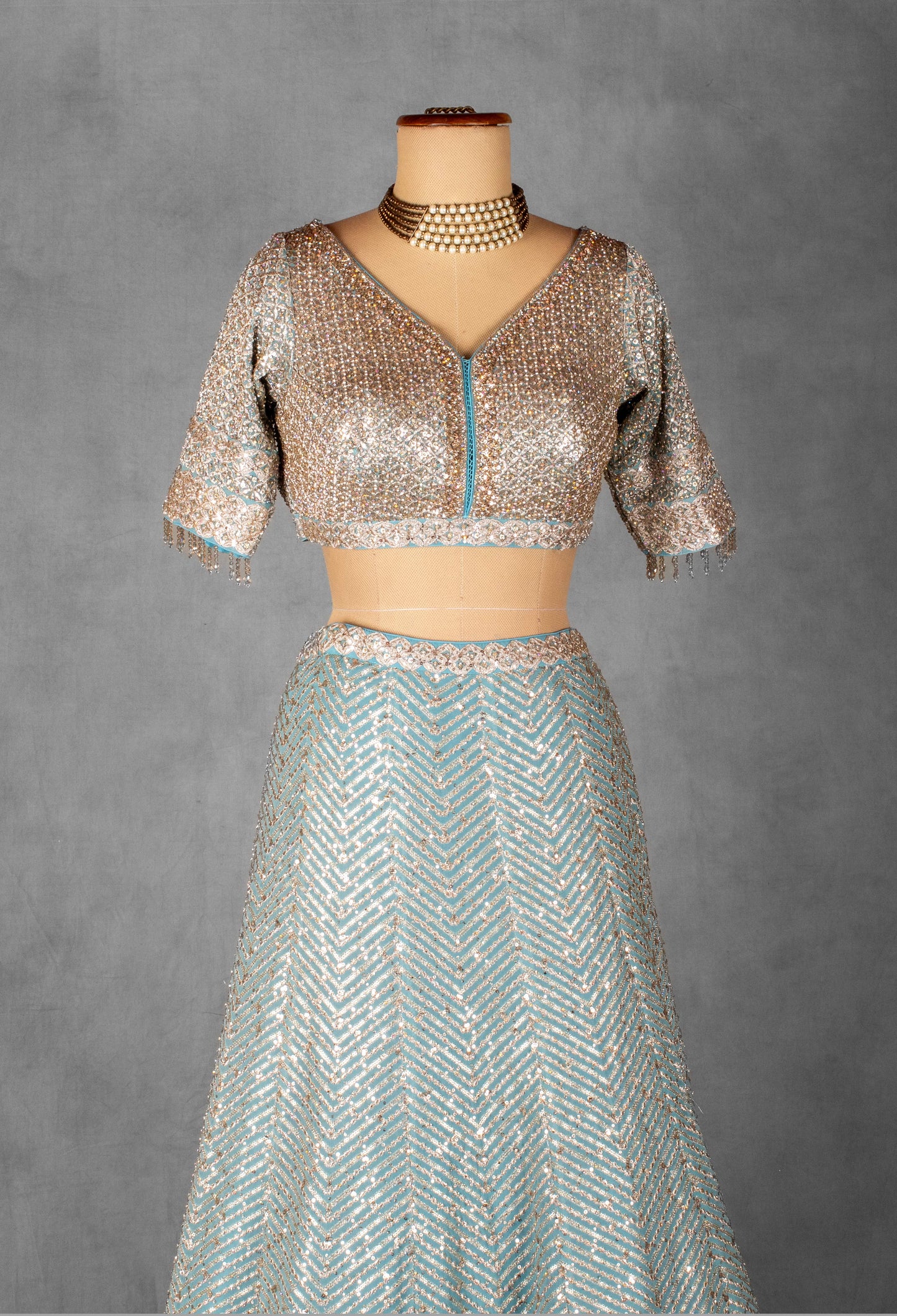 Ice Blue Sequin & Thread Embroidered Lehenga Set with Designer Blouse and Net Dupatta