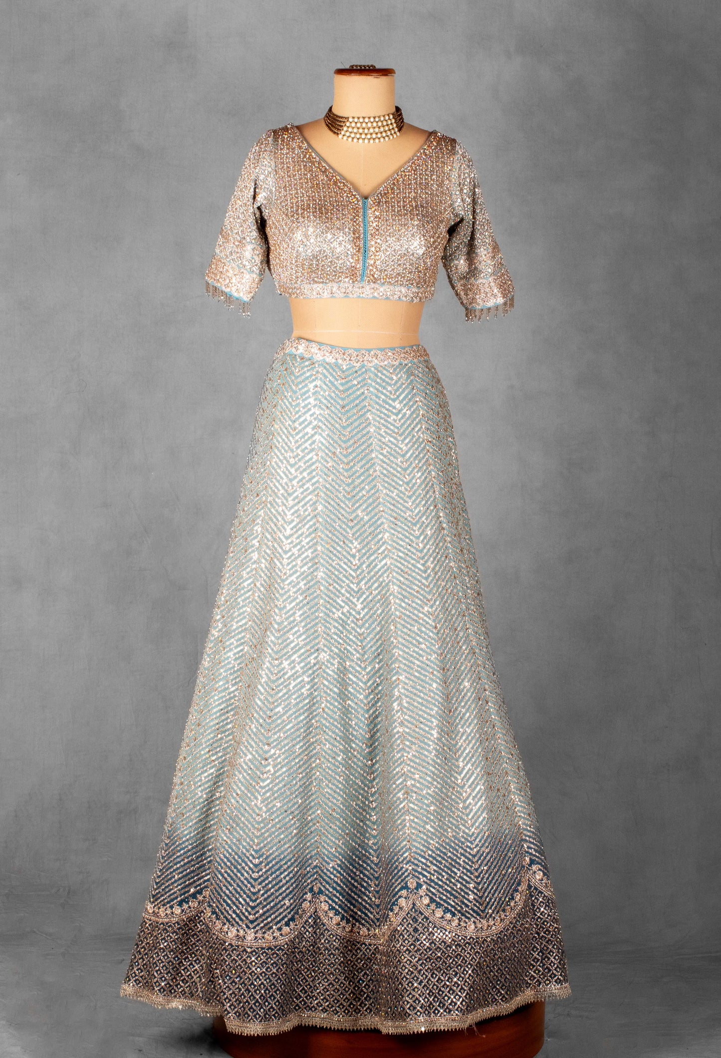 Ice Blue Sequin & Thread Embroidered Lehenga Set with Designer Blouse and Net Dupatta