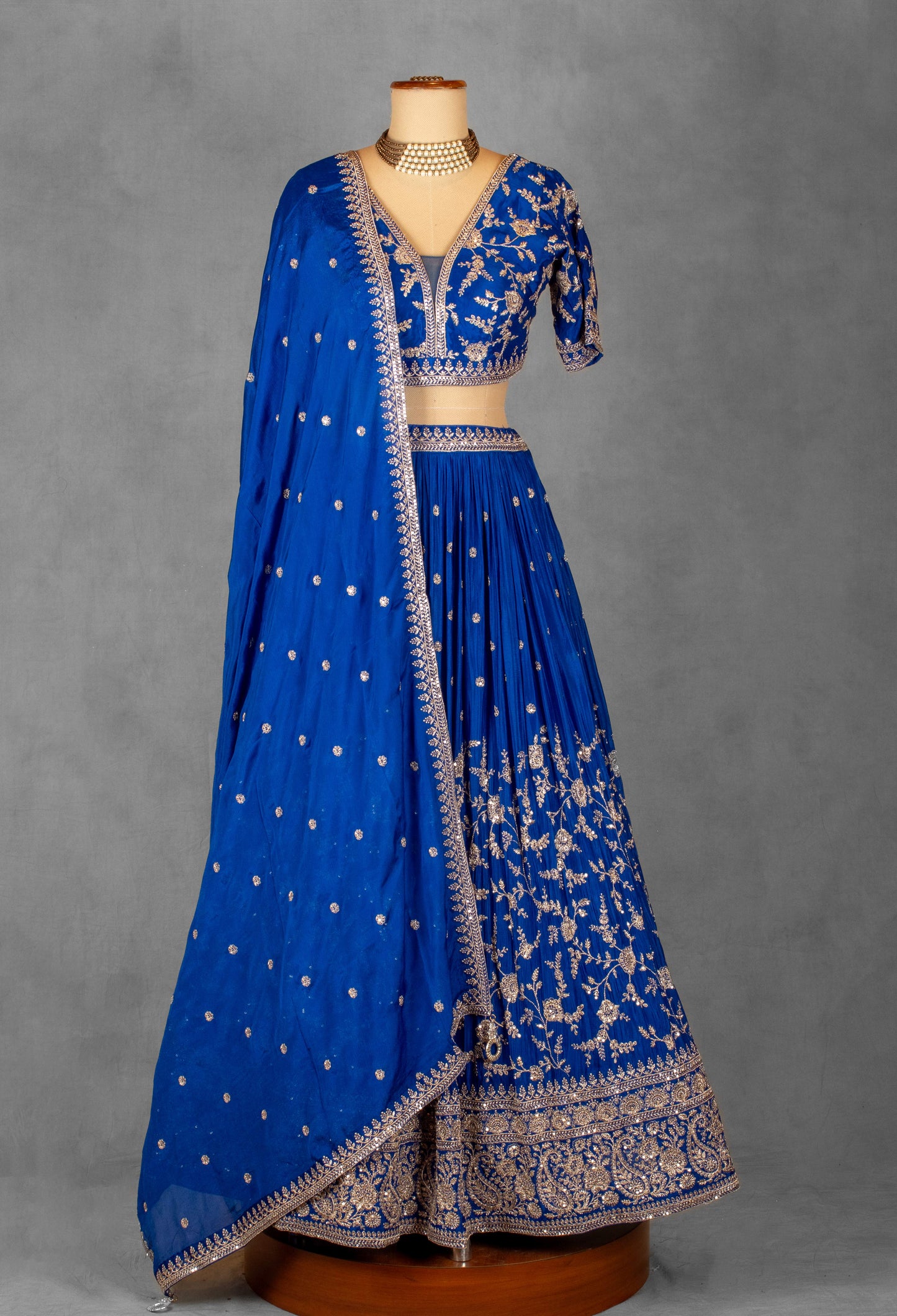 Royal Blue Heavy Embroidered Lehenga Set with Zari & Sequin Detailing