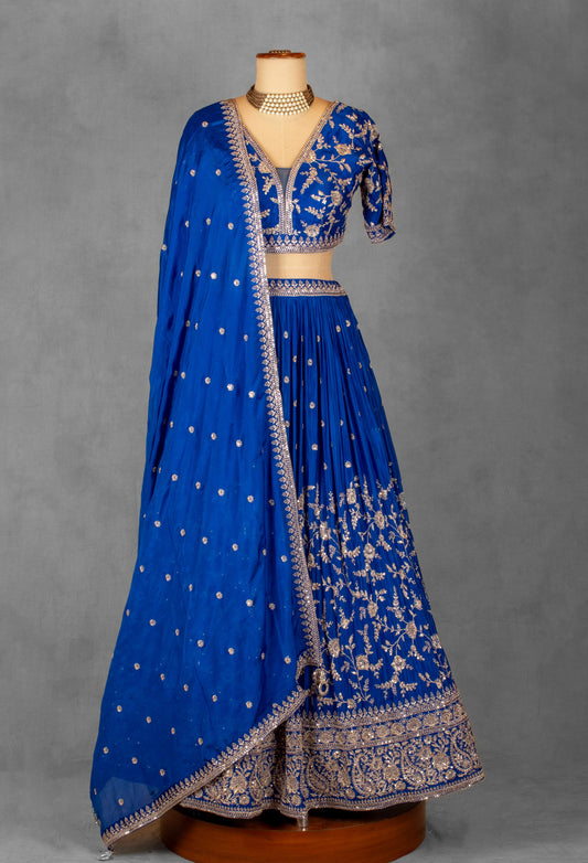 Royal blue heavy zari and sequin embroidered lehenga set – product image 2