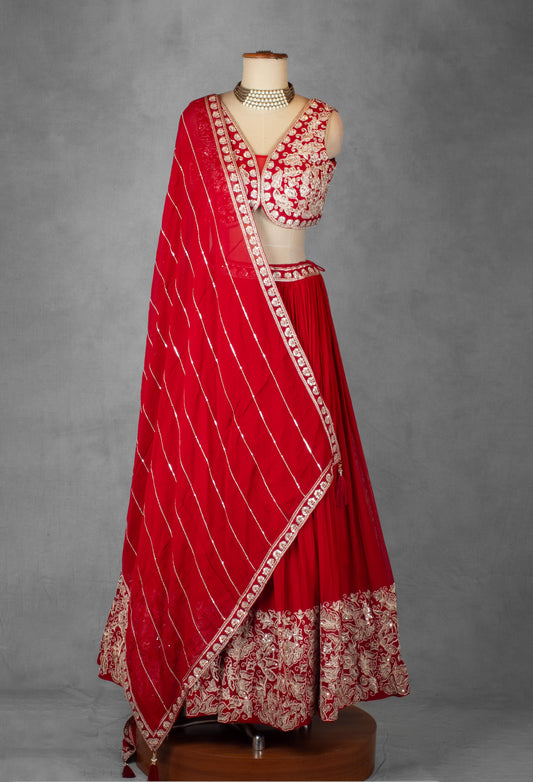 Red bridal zari and sequin embroidered lehenga with dupatta – product image 2