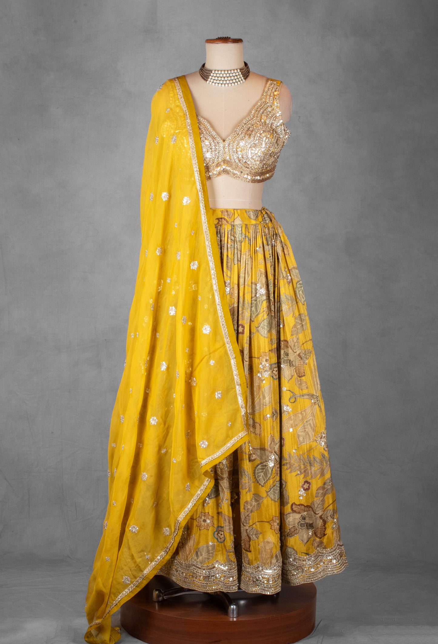 Mustard Yellow Printed Lehenga Set with Heavy Sequin Crop Top & Embellished Dupatta