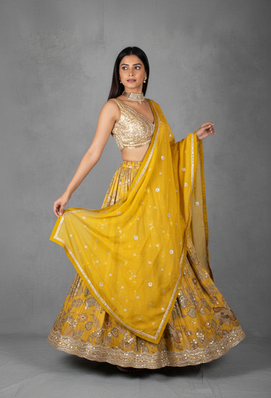 Mustard Yellow Printed Lehenga Set with Heavy Sequin Crop Top & Embellished Dupatta