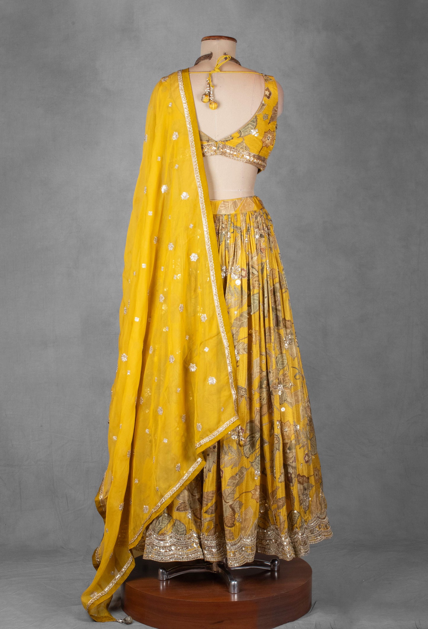 Mustard Yellow Printed Lehenga Set with Heavy Sequin Crop Top & Embellished Dupatta