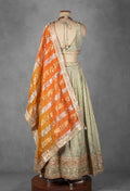 Sage Green Embroidered Lehenga Set with Heavy Designer Crop Top & Contrast Orange Dupatta