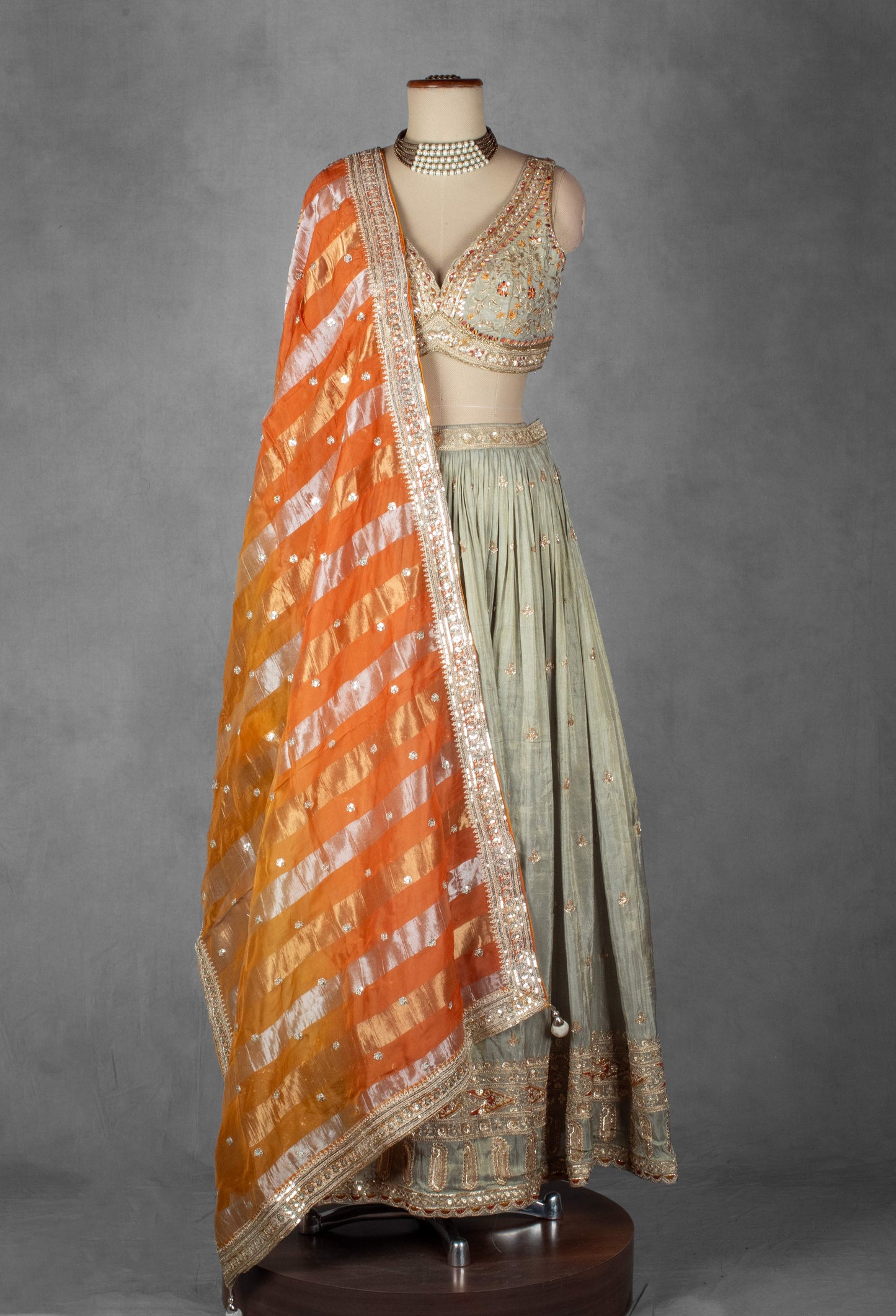 Sage Green Embroidered Lehenga Set with Heavy Designer Crop Top & Contrast Orange Dupatta