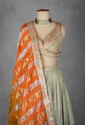 Sage Green Embroidered Lehenga Set with Heavy Designer Crop Top & Contrast Orange Dupatta