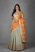 Sage Green Embroidered Lehenga Set with Heavy Designer Crop Top & Contrast Orange Dupatta