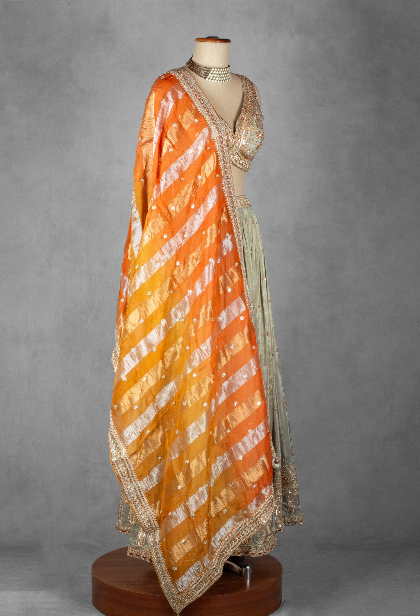 Sage Green Embroidered Lehenga Set with Heavy Designer Crop Top & Contrast Orange Dupatta