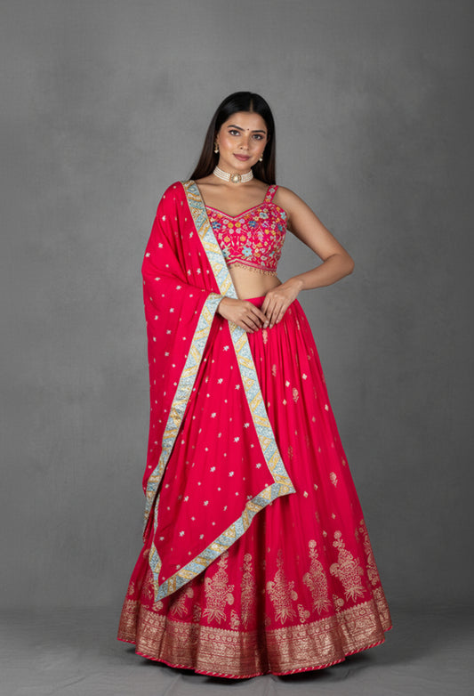 Rani Pink Thread & Mirror Embroidered Lehenga Set with Floral Designer Crop Top
