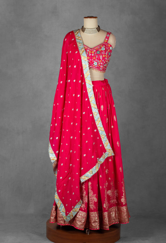 Rani pink mirror and thread embroidered lehenga with floral crop top – product image 2