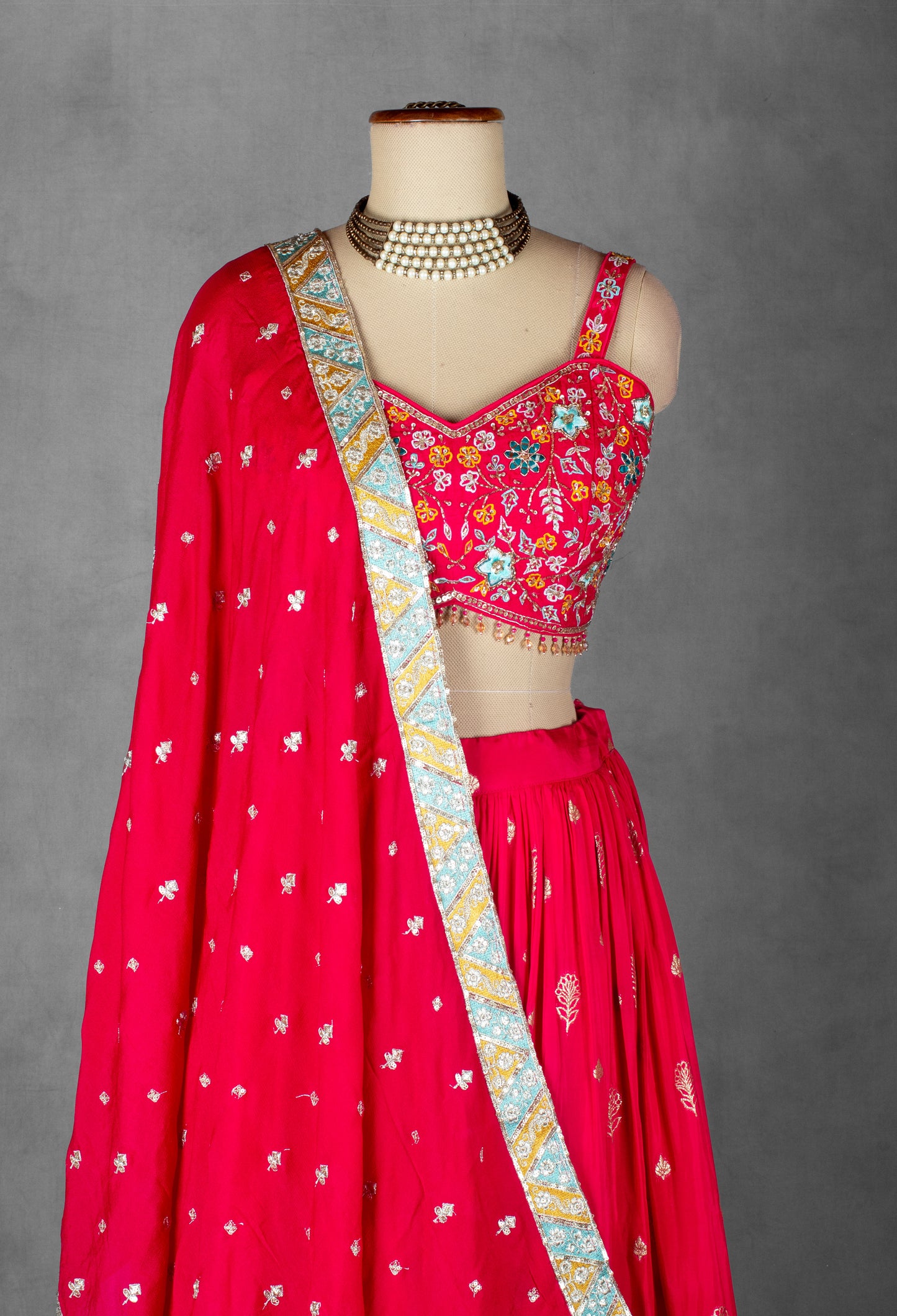 Rani Pink Thread & Mirror Embroidered Lehenga Set with Floral Designer Crop Top