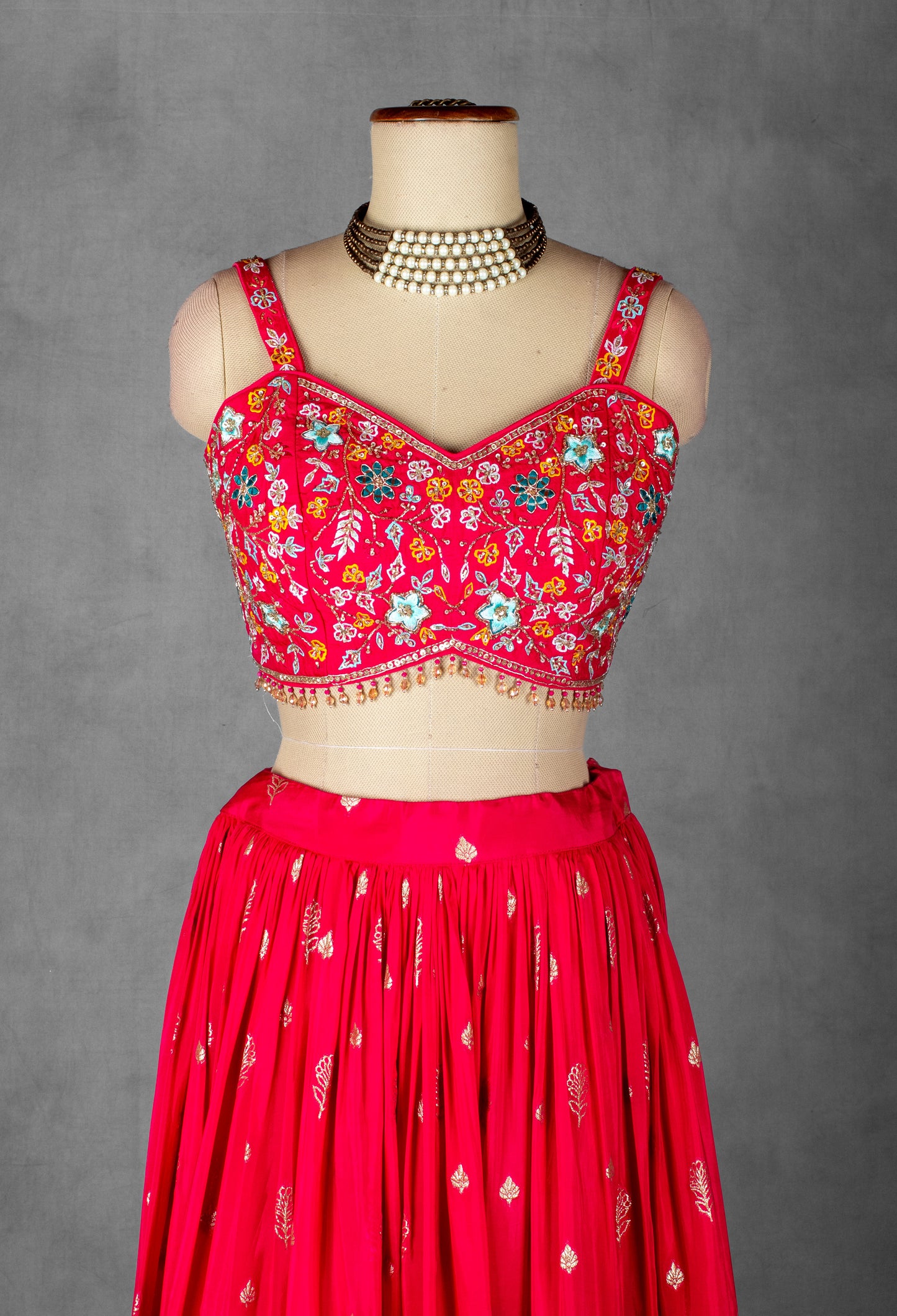 Rani Pink Thread & Mirror Embroidered Lehenga Set with Floral Designer Crop Top