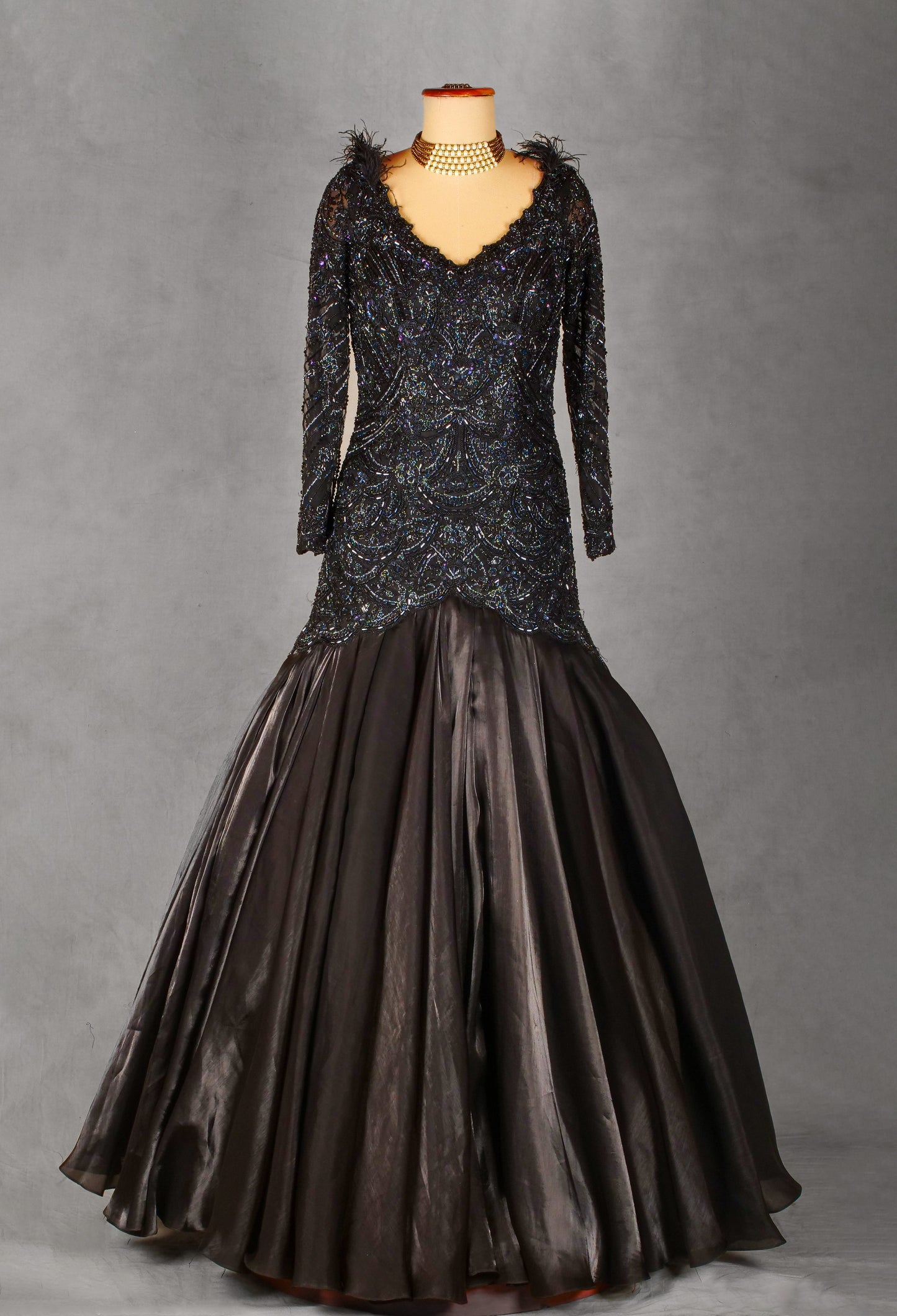 Black Embellished Mermaid Gown with Feather Neckline & Satin Flare | Designer Evening & Reception Wear