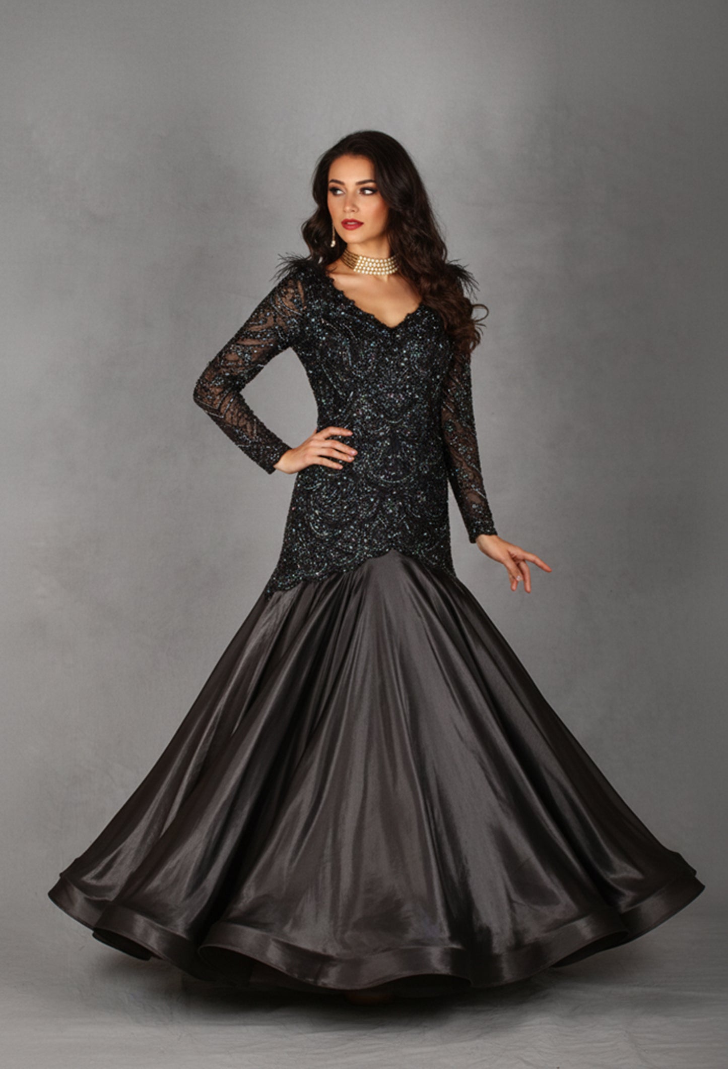 Black Embellished Mermaid Gown with Feather Neckline & Satin Flare | Designer Evening & Reception Wear