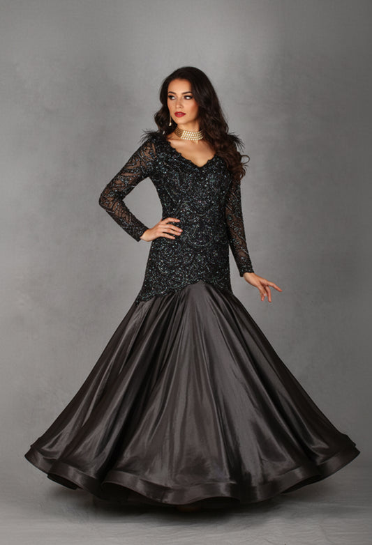 Black Embellished Mermaid Gown with Feather Neckline & Satin Flare | Designer Evening & Reception Wear