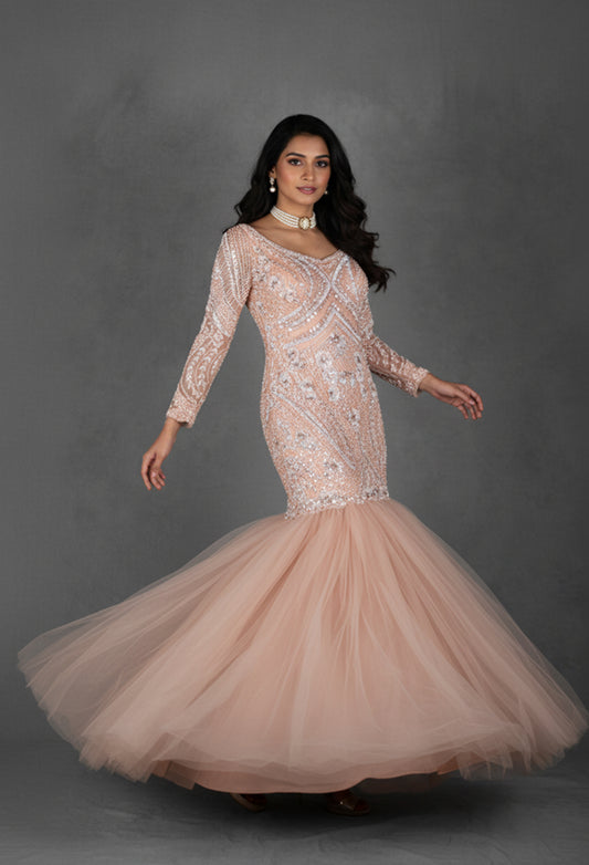Peach Embellished Mermaid Gown with Handwork Bodice & Voluminous Tulle Flare | Designer Evening & Reception Wear