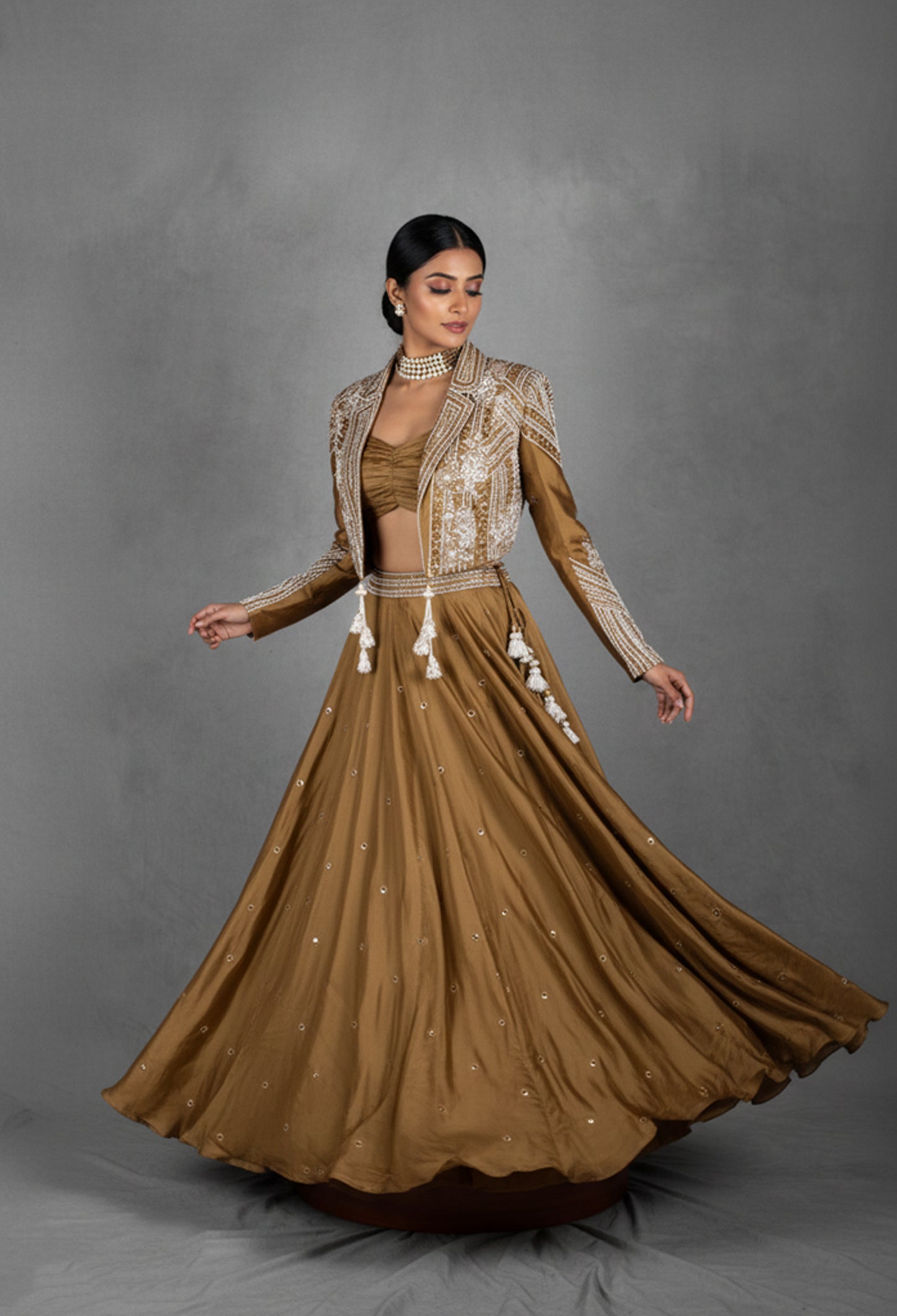 Olive Gold Embellished Lehenga Set with Handcrafted Sequin Jacket | Designer Wedding & Festive Wear