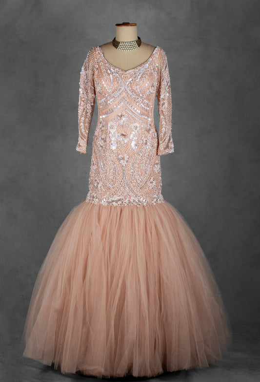 Peach embellished mermaid gown with handwork bodice and tulle flare – product image 2