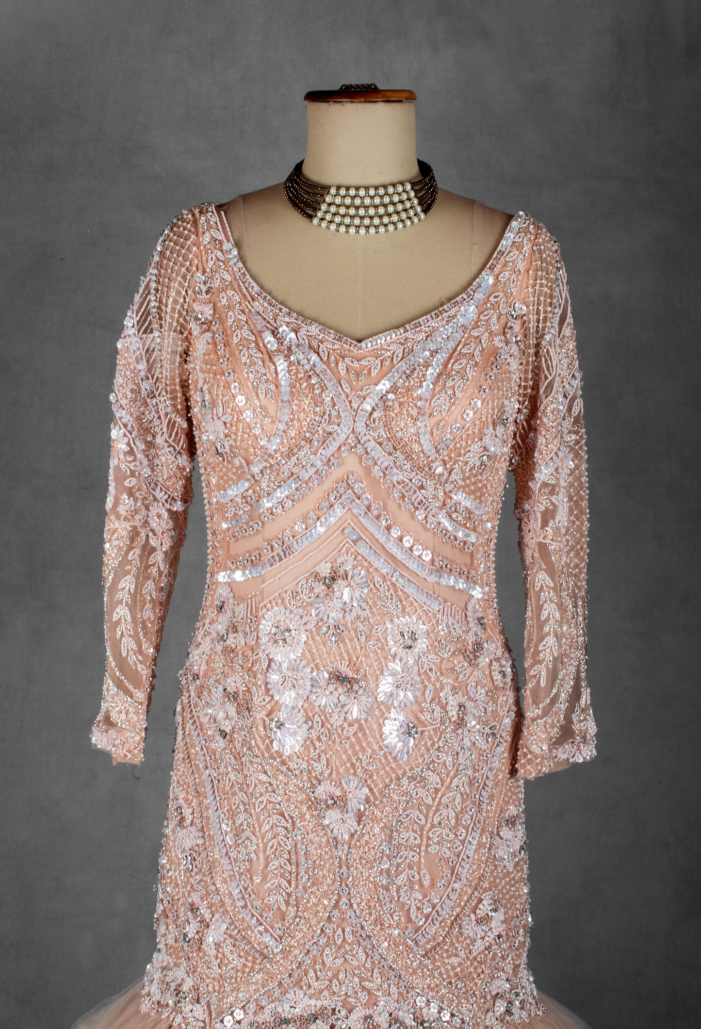 Peach Embellished Mermaid Gown with Handwork Bodice & Voluminous Tulle Flare | Designer Evening & Reception Wear