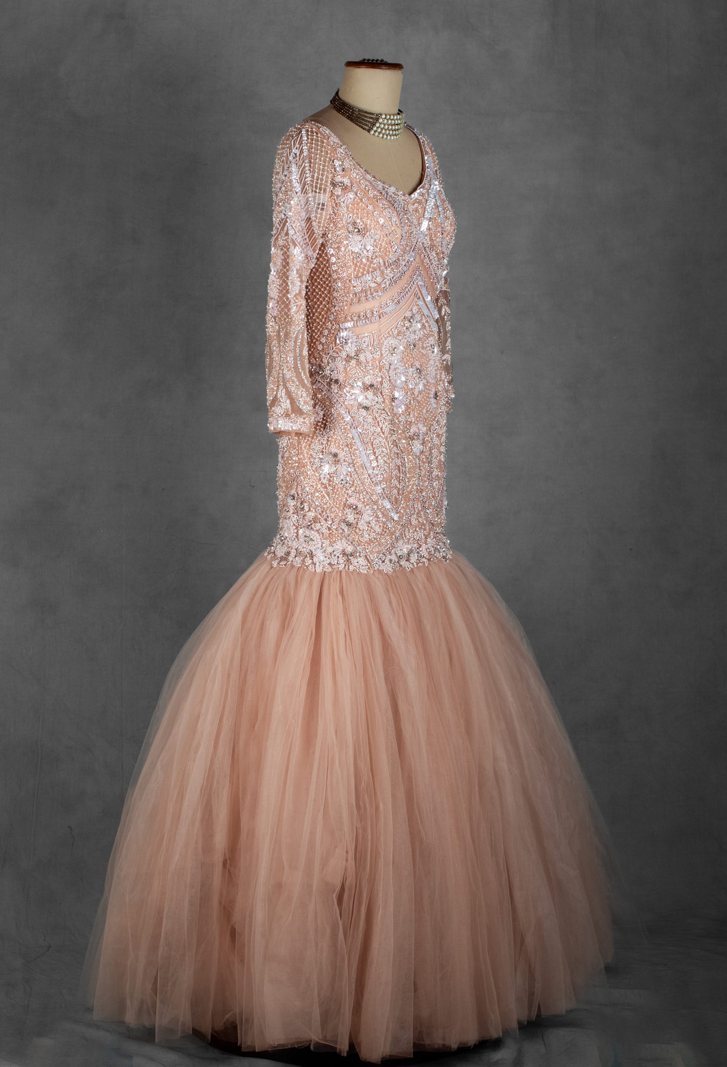 Peach Embellished Mermaid Gown with Handwork Bodice & Voluminous Tulle Flare | Designer Evening & Reception Wear