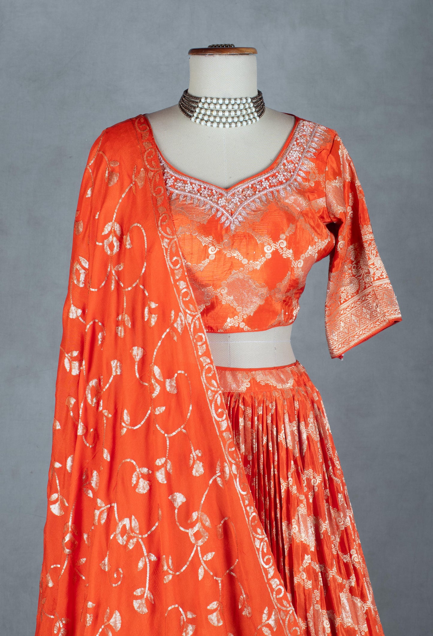 Vibrant Orange Zari Embroidered Lehenga Set with Matching Dupatta