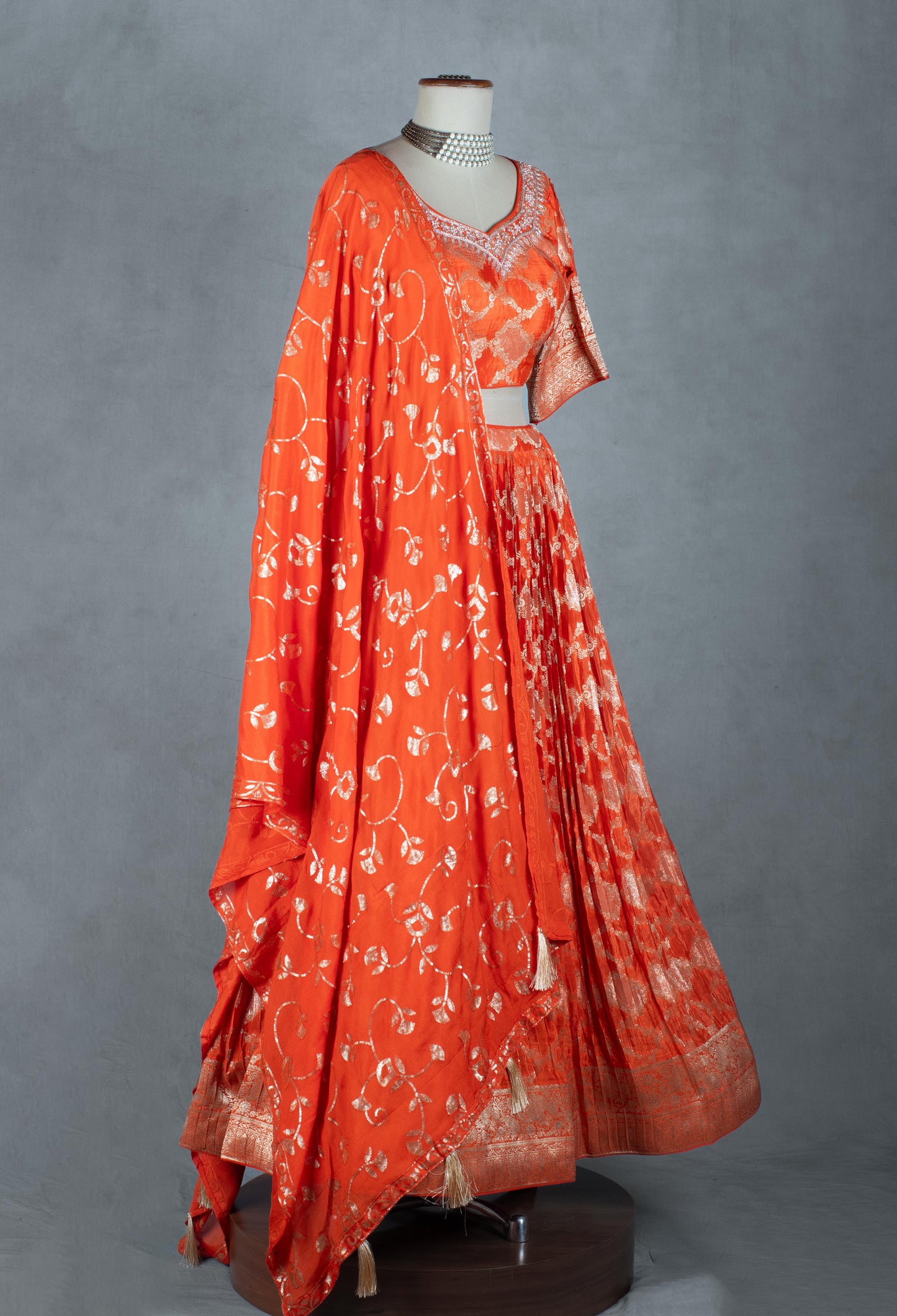 Vibrant Orange Zari Embroidered Lehenga Set with Matching Dupatta