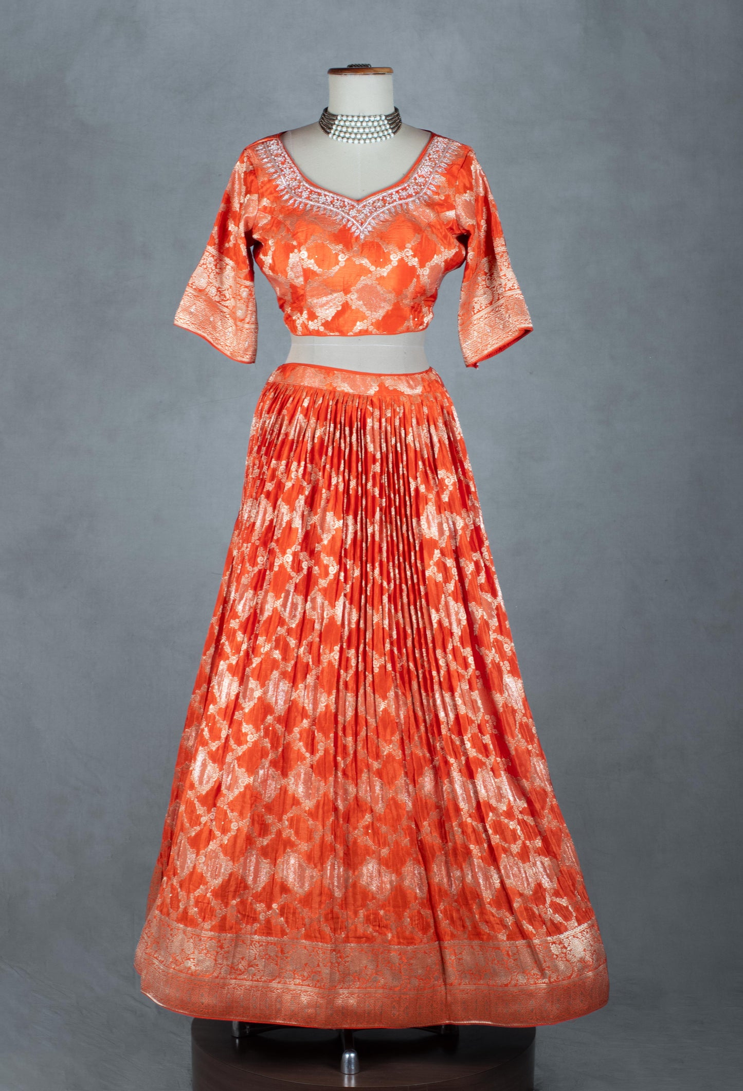Vibrant Orange Zari Embroidered Lehenga Set with Matching Dupatta