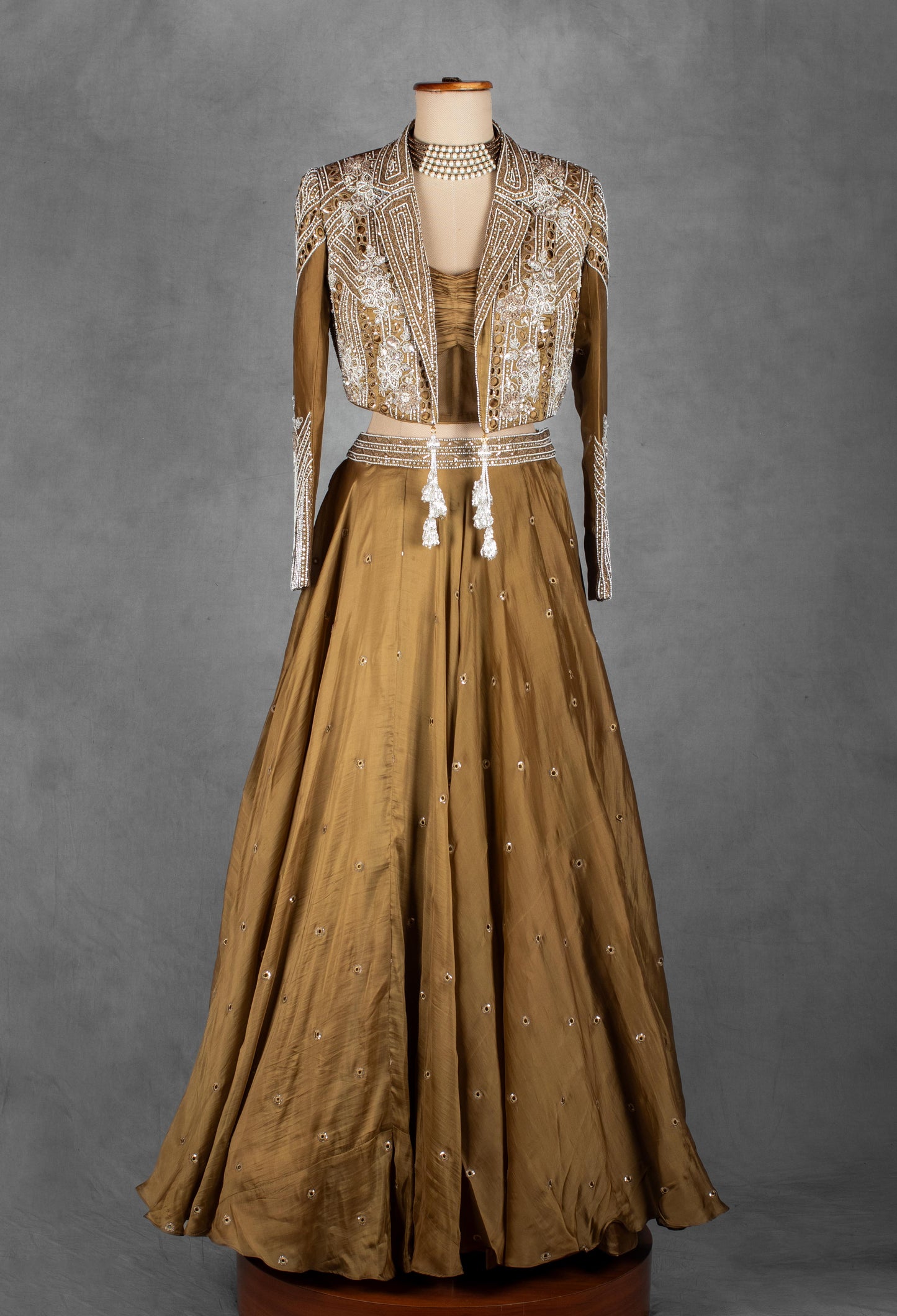 Olive Gold Embellished Lehenga Set with Handcrafted Sequin Jacket | Designer Wedding & Festive Wear
