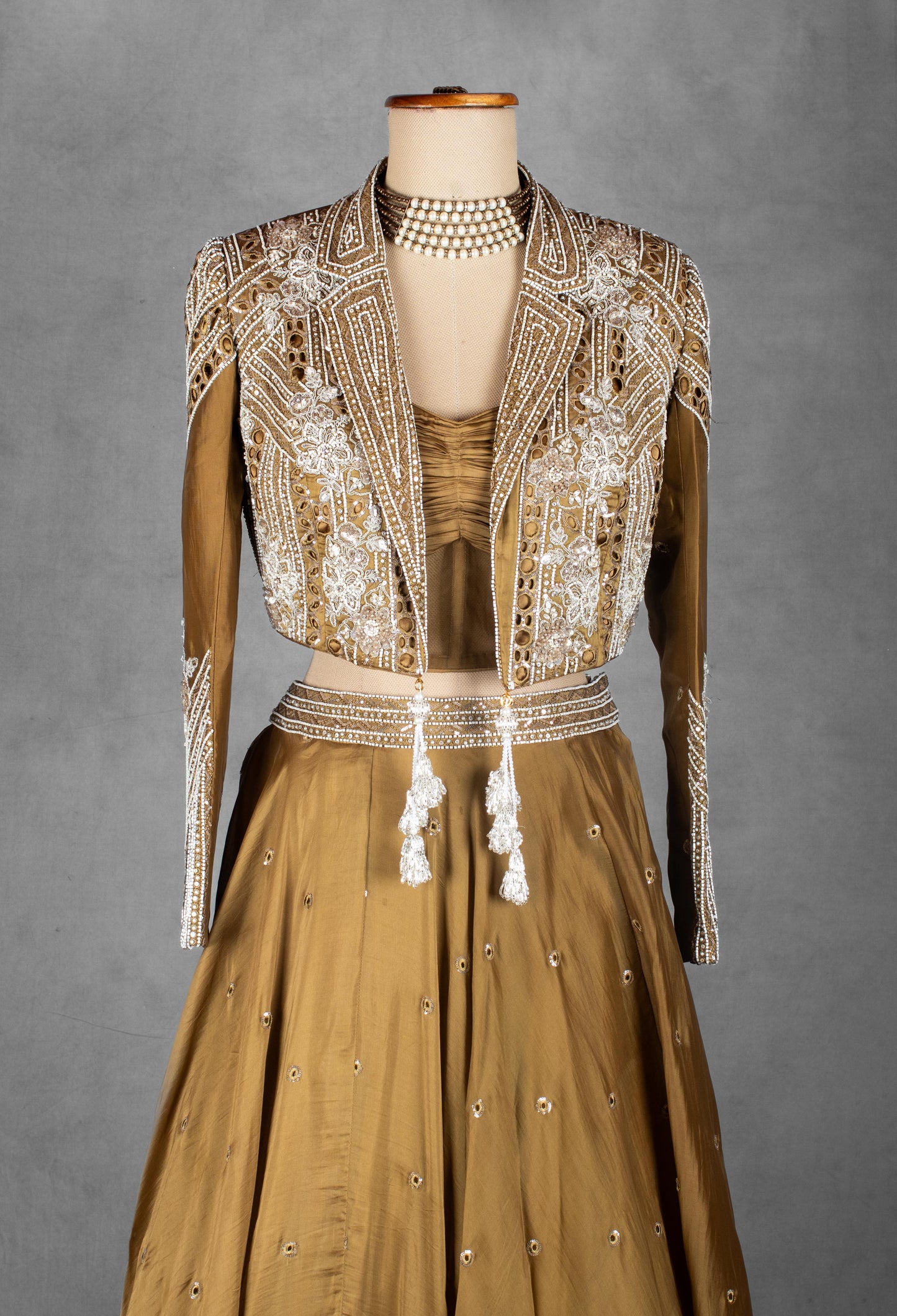 Olive Gold Embellished Lehenga Set with Handcrafted Sequin Jacket | Designer Wedding & Festive Wear