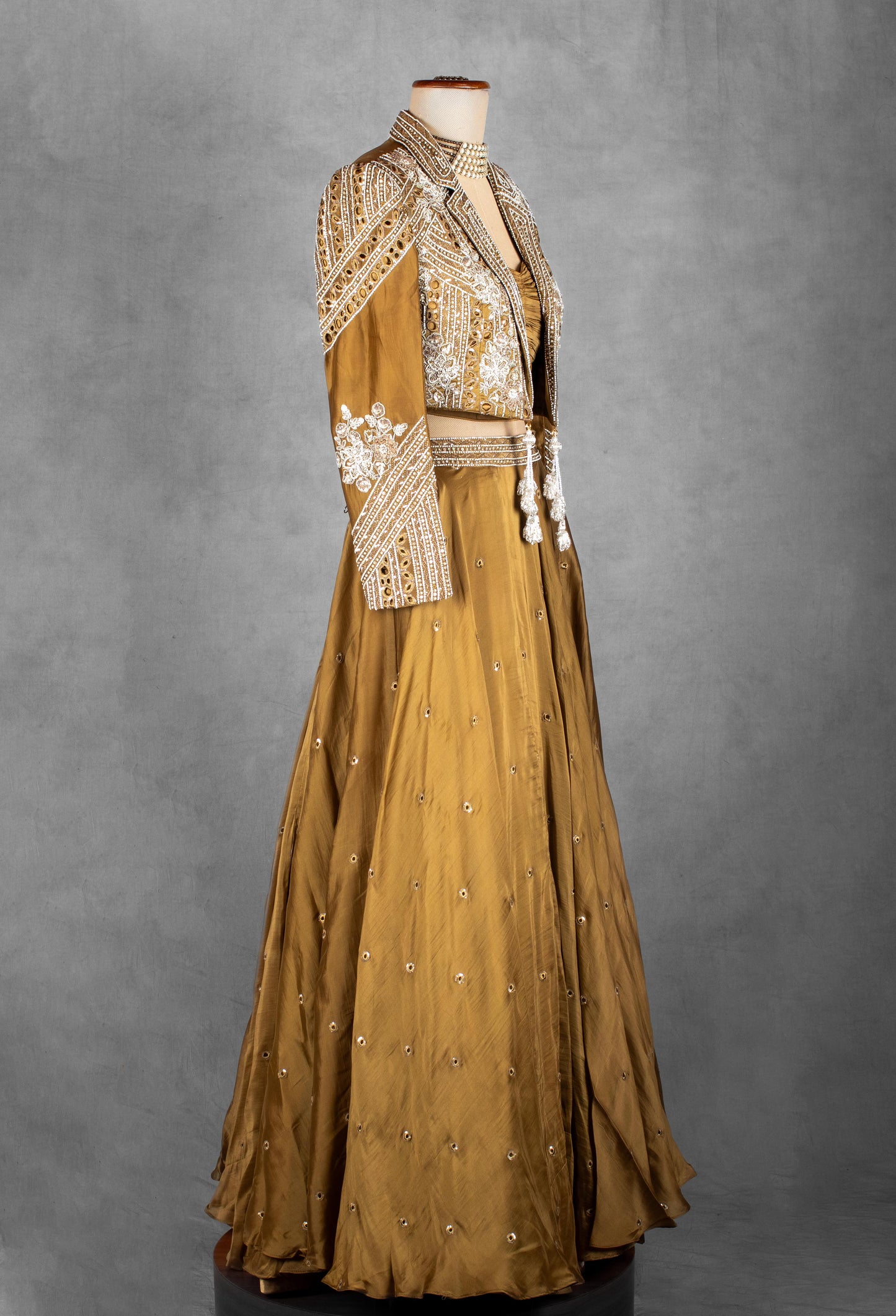 Olive Gold Embellished Lehenga Set with Handcrafted Sequin Jacket | Designer Wedding & Festive Wear