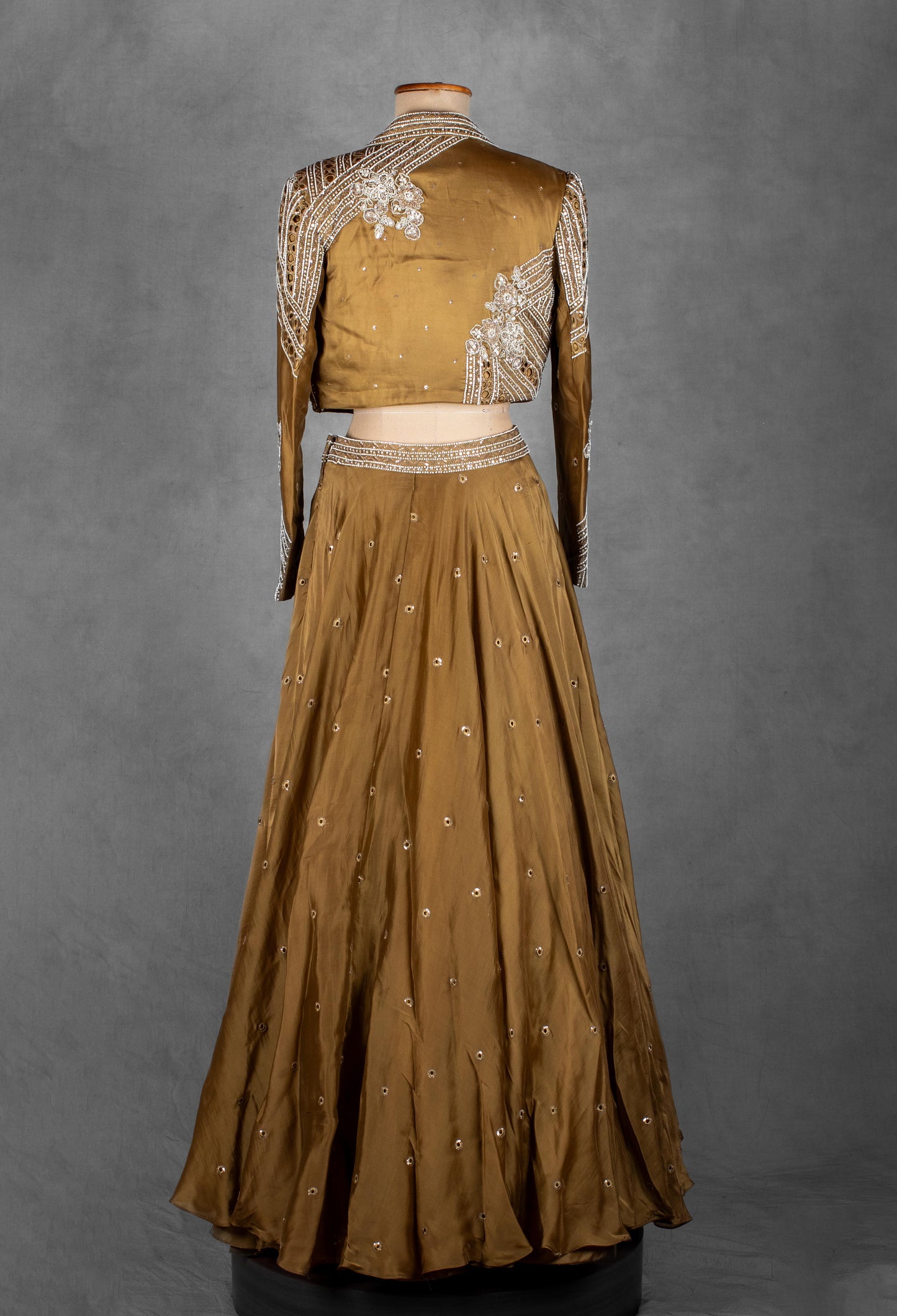 Olive Gold Embellished Lehenga Set with Handcrafted Sequin Jacket | Designer Wedding & Festive Wear