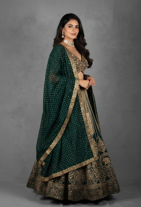 Emerald Green Heavy Embroidered Bridal Lehenga Set with Zari Work Blouse & Dupatta | Luxury Wedding Wear